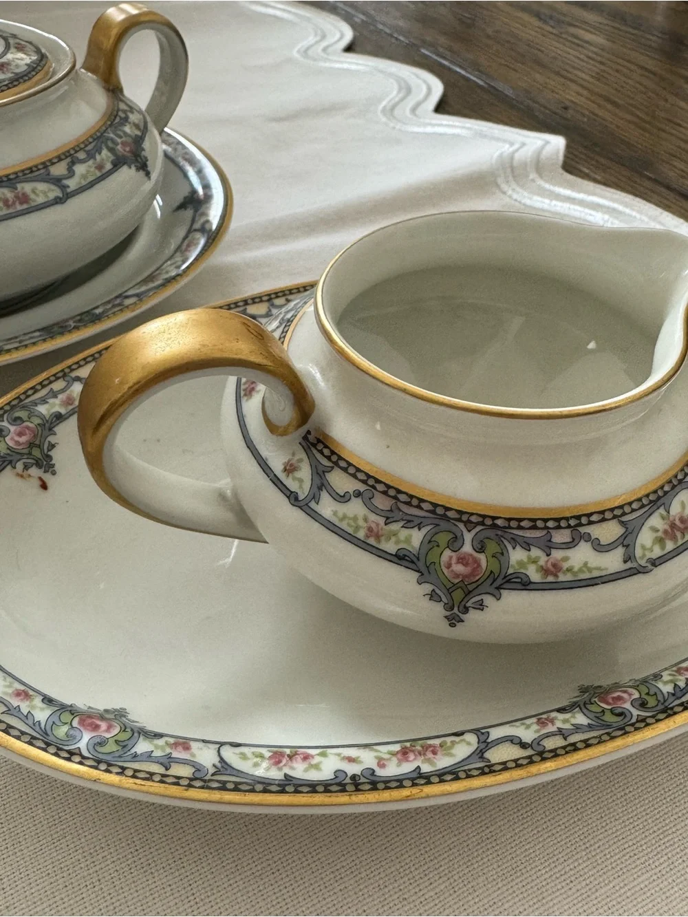 Haviland (Limoges) Troy, Pink Roses, Blue Scrolls:  set off 5 / hand  painted